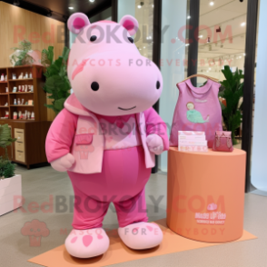 Pink Hippopotamus mascot costume character dressed with a Romper and Coin purses