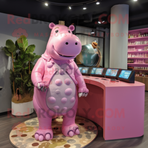 Pink Hippopotamus mascot costume character dressed with a Romper and Coin purses