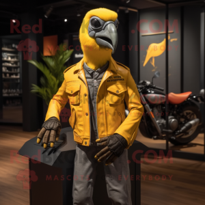 Yellow Parrot mascot costume character dressed with a Biker Jacket and Caps