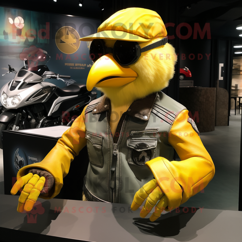 Yellow Parrot mascot costume character dressed with a Biker Jacket and Caps