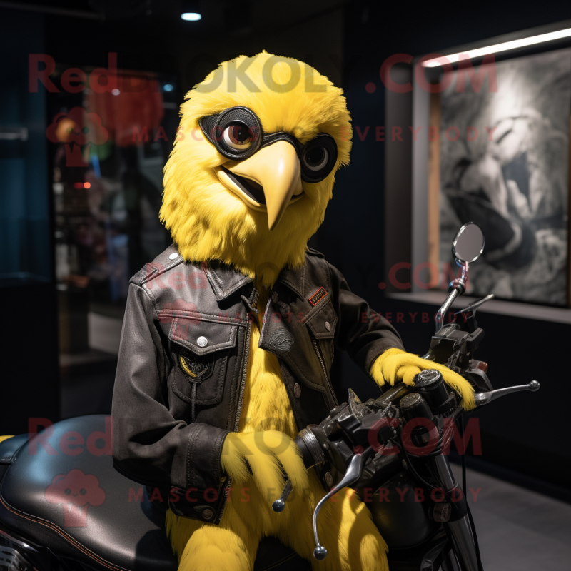 Yellow Parrot mascot costume character dressed with a Biker Jacket and Caps