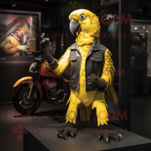 Yellow Parrot mascot costume character dressed with a Biker Jacket and Caps