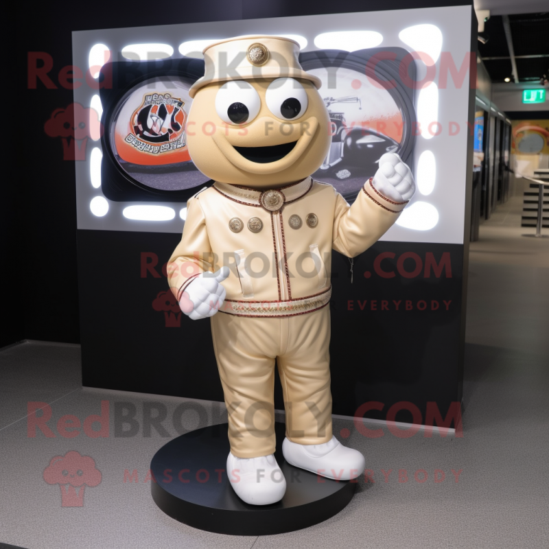 Beige Candy Box mascot costume character dressed with a Moto Jacket and Earrings Beige Candy Box mascot costume character dressed with a Moto Jacket and Earrings