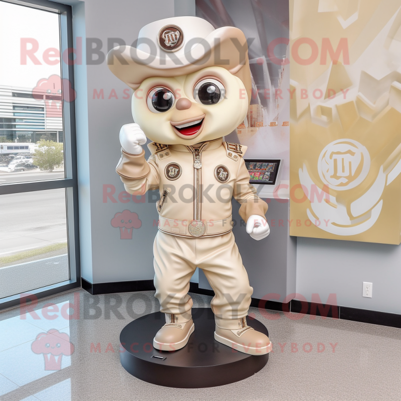 Beige Candy Box mascot costume character dressed with a Moto Jacket and Earrings Beige Candy Box mascot costume character dressed with a Moto Jacket and Earrings