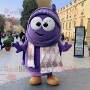 Lavender Moussaka mascot costume character dressed with a Cardigan and Scarves