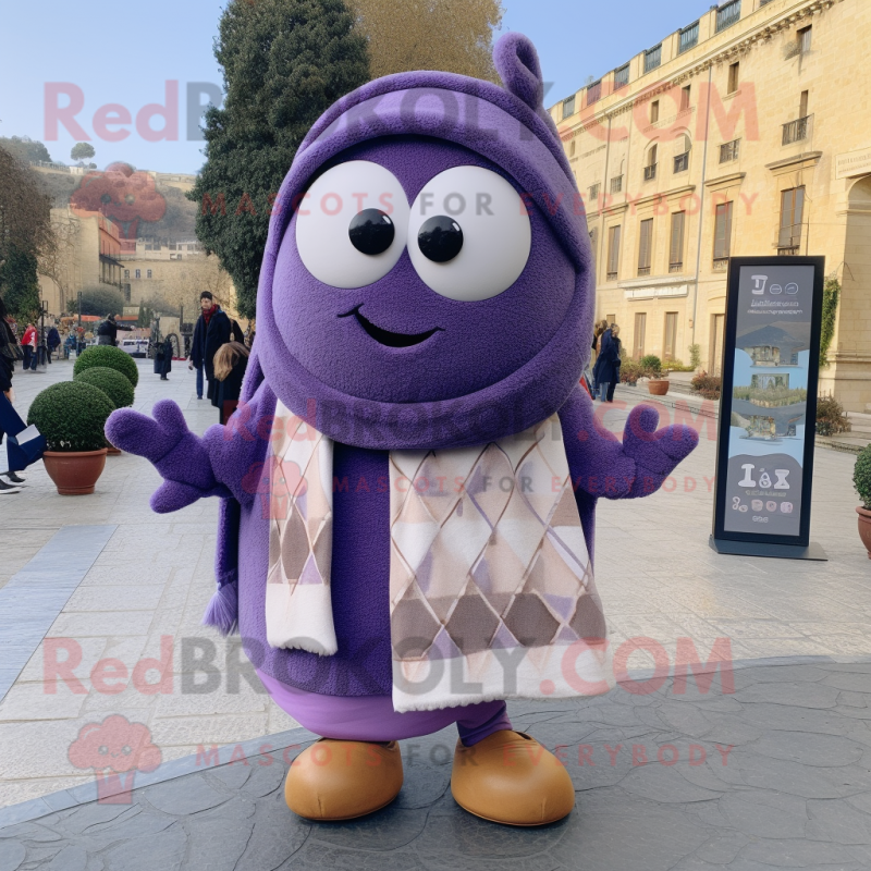 Lavender Moussaka mascot costume character dressed with a Cardigan and Scarves Lavender Moussaka mascot costume character dressed with a Cardigan and Scarves