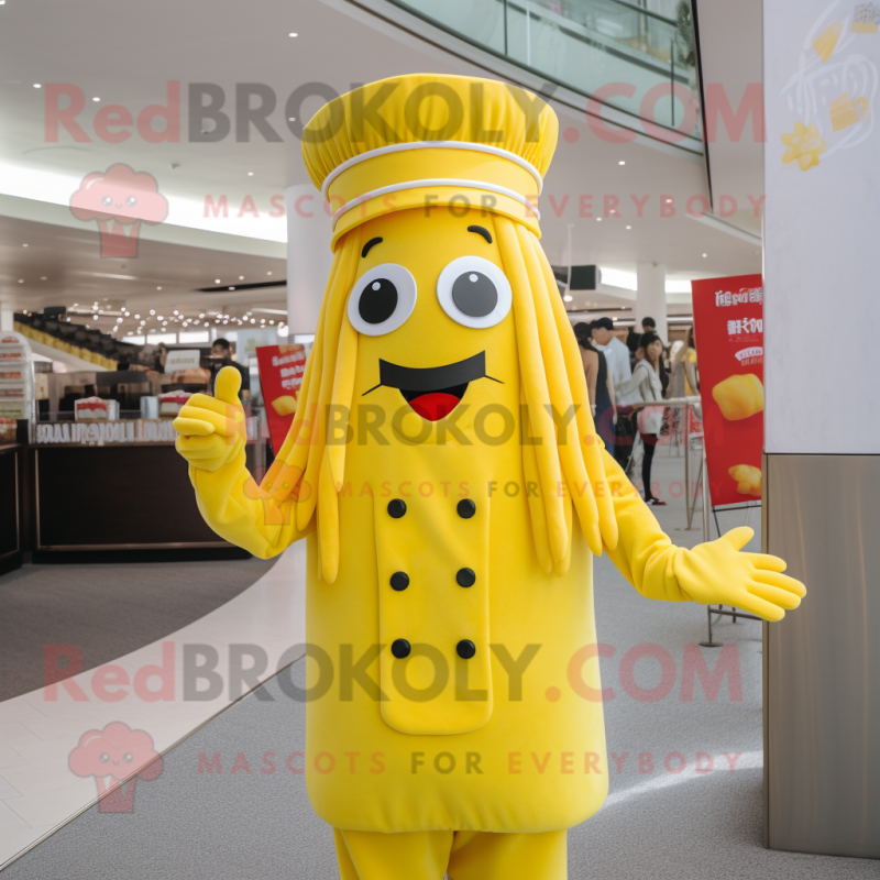Lemon Yellow French Fries mascot costume character dressed with a Cover-up and Berets Lemon Yellow French Fries mascot costume character dressed with a Cover-up and Berets