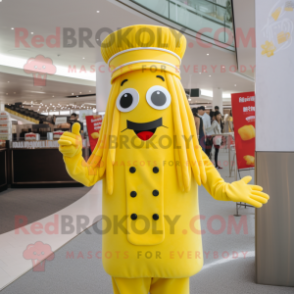 Lemon Yellow French Fries mascot costume character dressed with a Cover-up and Berets