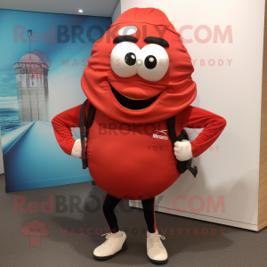 Red Oyster mascot costume character dressed with a Joggers and Backpacks
