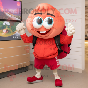 Red Oyster mascot costume character dressed with a Joggers and Backpacks
