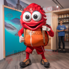 Red Oyster mascot costume character dressed with a Joggers and Backpacks