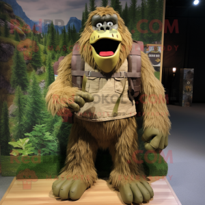 Olive Sasquatch mascot costume character dressed with a Cargo Shorts and Belts