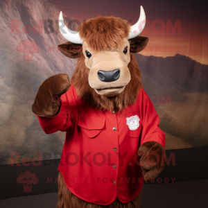 Red Buffalo mascot costume character dressed with a Dress Shirt and Gloves