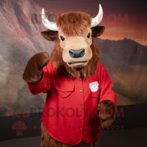 Red Buffalo mascot costume character dressed with a Dress Shirt and Gloves