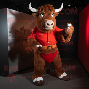 Red Buffalo mascot costume character dressed with a Dress Shirt and Gloves