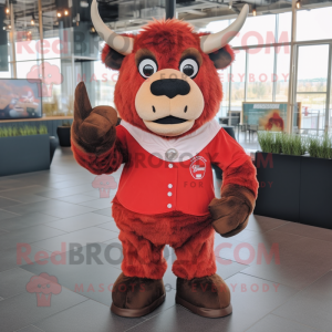 Red Buffalo mascot costume character dressed with a Dress Shirt and Gloves