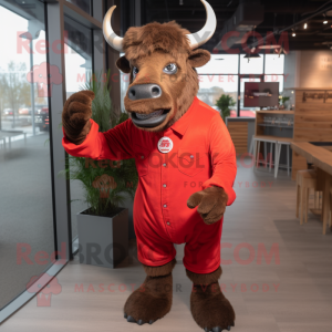 Red Buffalo mascot costume character dressed with a Dress Shirt and Gloves