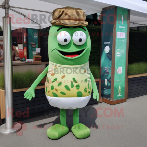 Olive Burgers mascot costume character dressed with a Swimwear and Lapel pins