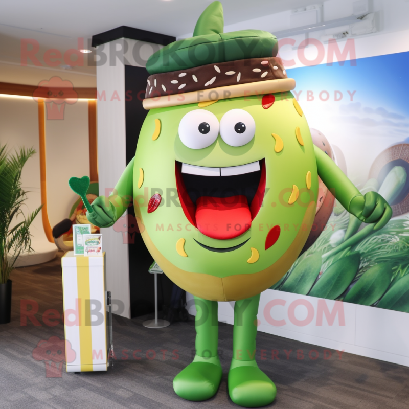 Olive Burgers mascot costume character dressed with a Swimwear and Lapel pins Olive Burgers mascot costume character dressed with a Swimwear and Lapel pins