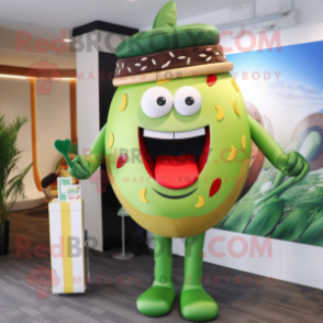 Olive Burgers mascot costume character dressed with a Swimwear and Lapel pins