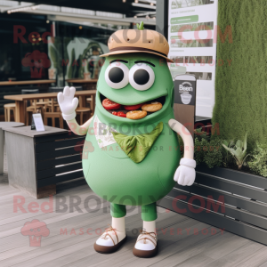 Olive Burgers mascot costume character dressed with a Swimwear and Lapel pins