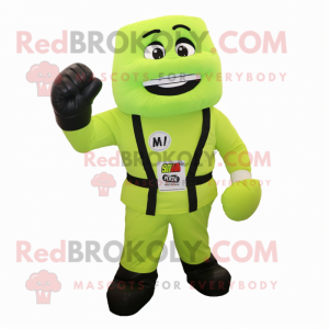 Lime Green Boxing Glove mascot costume character dressed with a Jumpsuit and Backpacks