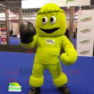Lime Green Boxing Glove mascot costume character dressed with a Jumpsuit and Backpacks