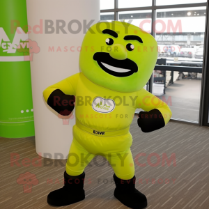 Lime Green Boxing Glove mascot costume character dressed with a Jumpsuit and Backpacks