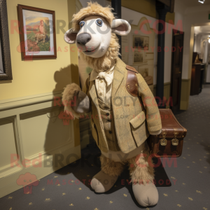 Tan Suffolk Sheep mascot costume character dressed with a Waistcoat and Handbags