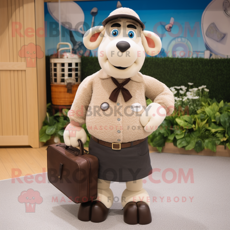Tan Suffolk Sheep mascot costume character dressed with a Waistcoat and Handbags Tan Suffolk Sheep mascot costume character dressed with a Waistcoat and Handbags
