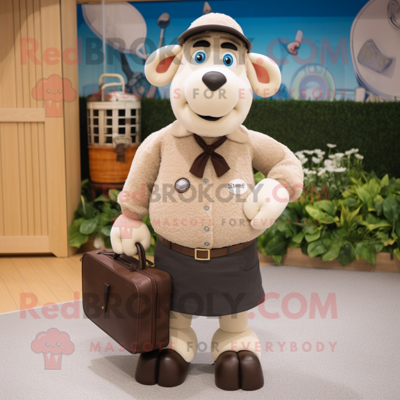 Tan Suffolk Sheep mascot costume character dressed with a Waistcoat and Handbags