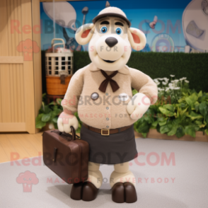 Tan Suffolk Sheep mascot costume character dressed with a Waistcoat and Handbags