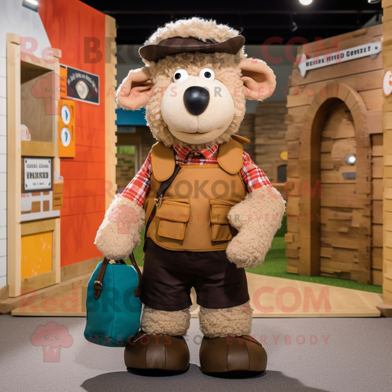 Tan Suffolk Sheep mascot costume character dressed with a Waistcoat and Handbags