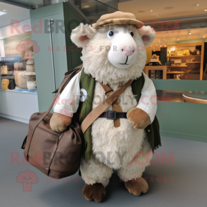 Tan Suffolk Sheep mascot costume character dressed with a Waistcoat and Handbags