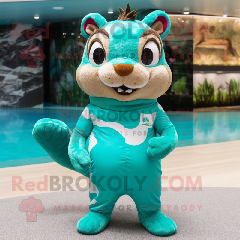 Turquoise Chipmunk mascot costume character dressed with a One-Piece Swimsuit and Clutch bags