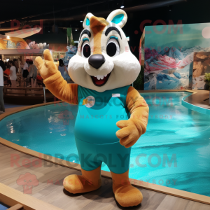 Turquoise Chipmunk mascot costume character dressed with a One-Piece Swimsuit and Clutch bags