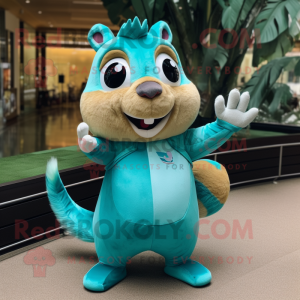 Turquoise Chipmunk mascot costume character dressed with a One-Piece Swimsuit and Clutch bags