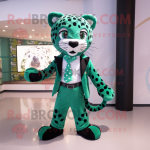 Green Jaguar mascot costume character dressed with a Playsuit and Bow ties