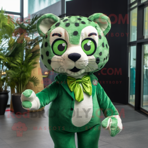 Green Jaguar mascot costume character dressed with a Playsuit and Bow ties