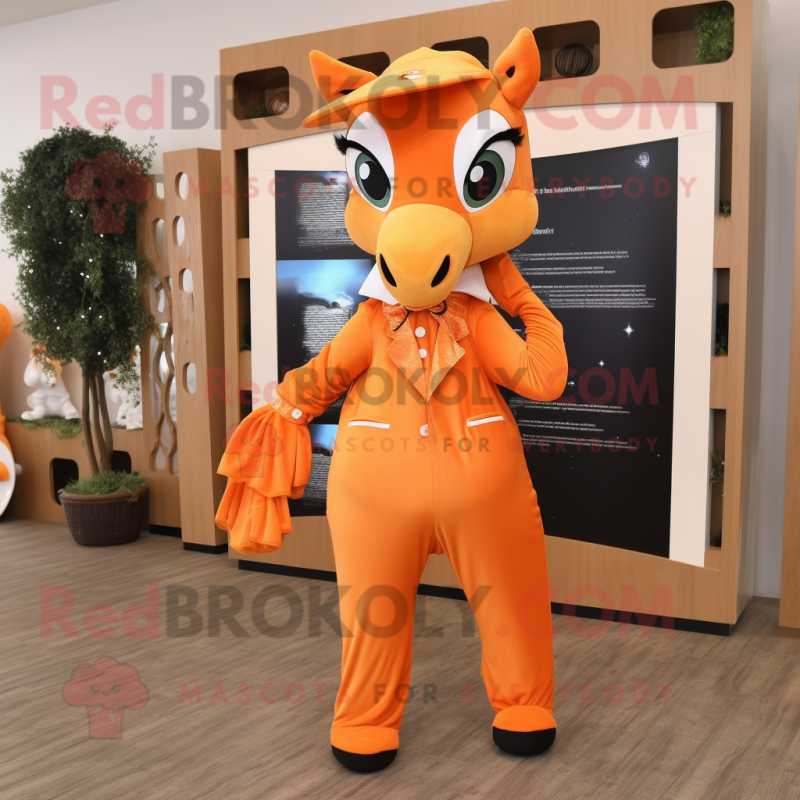 Orange Mare mascot costume character dressed with a Jumpsuit and Bow ties Orange Mare mascot costume character dressed with a Jumpsuit and Bow ties