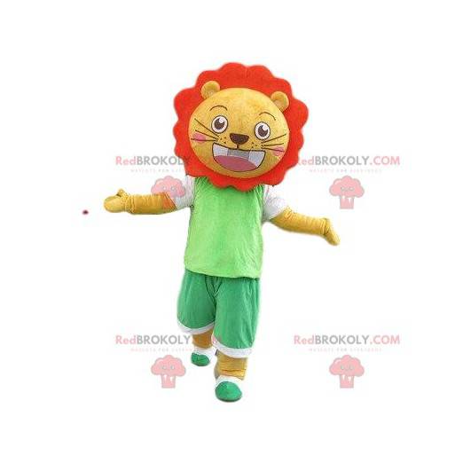 Mascota del león amarillo y naranja. Disfraz de león. Disfraz