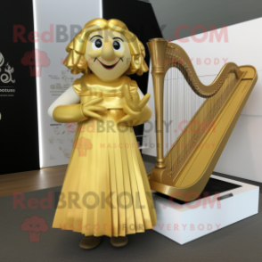 Gold Celtic Harp mascot costume character dressed with a Skirt and Shoe clips