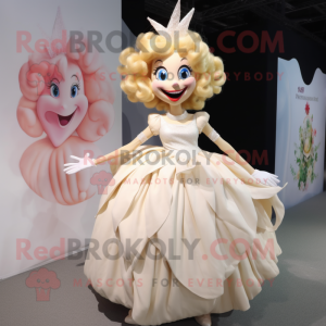 Cream Tooth Fairy mascot costume character dressed with a Ball Gown and Hair clips