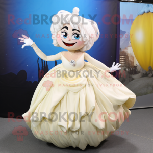 Cream Tooth Fairy mascot costume character dressed with a Ball Gown and Hair clips