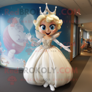 Cream Tooth Fairy mascot costume character dressed with a Ball Gown and Hair clips