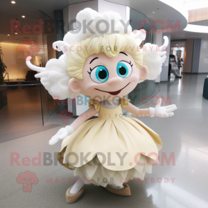 Cream Tooth Fairy mascot costume character dressed with a Ball Gown and Hair clips