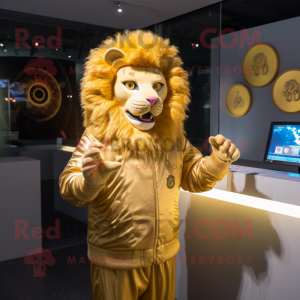 Gold Lion mascot costume character dressed with a Cover-up and Headbands