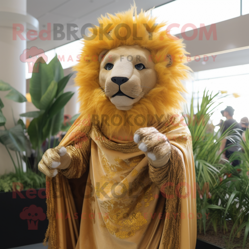 Gold Lion mascot costume character dressed with a Cover-up and Headbands Gold Lion mascot costume character dressed with a Cover-up and Headbands