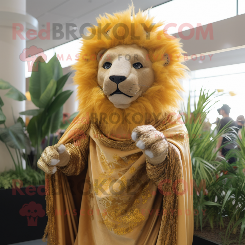 Gold Lion mascot costume character dressed with a Cover-up and Headbands