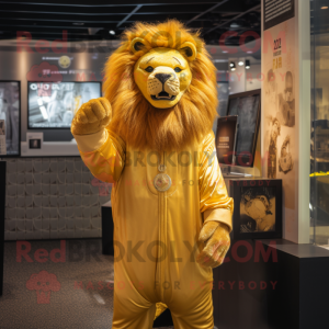 Gold Lion mascot costume character dressed with a Cover-up and Headbands